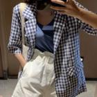 Color-block Plaid Long-sleeve Blouse / Plain Crewneck Short-sleeve Top / High-waist Shorts