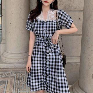 Short-sleeve Lace Paneled Frog Buttoned A-line Mini Dress