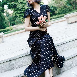 Cap-sleeve Dotted Midi A-line Dress