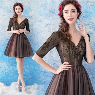Embellished Elbow-sleeve Short Prom Dress