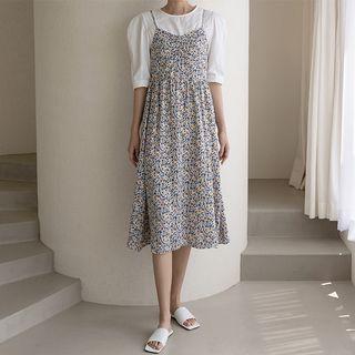 Tie-strap Shirred Floral Midi Dress