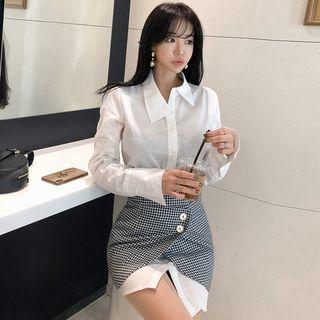 Set: Long-sleeve Mini Shirt Dress + Asymmetric Patterned Mini Skirt
