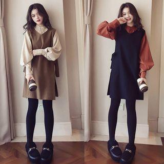 Set: Balloon-sleeve Shirt + Side Tie Long Vest