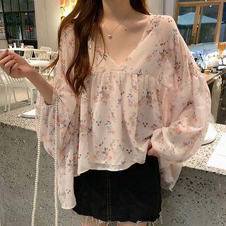 Set: V-neck Floral Blouse + Camisole Top Pink - One Size