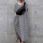Short-sleeve V-neck Striped Midi T-shirt Dress Black - One Size