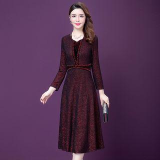 3/4-sleeve Glitter Midi A-line Dress