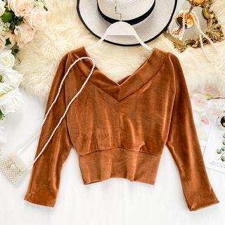 3/4-sleeve Cropped Velvet Top
