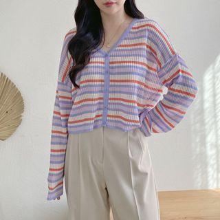 Drop-shoulder Stripe Ribbed Cardigan
