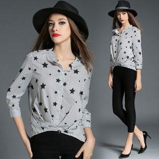 3/4-sleeve Star Print Striped Dress