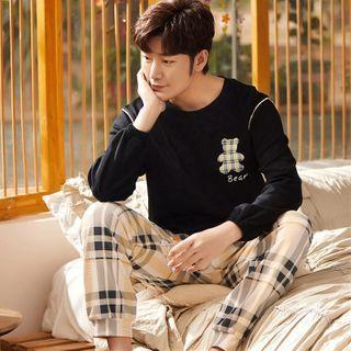 Loungewear Set : Long-sleeve Bear Print Top + Plaid Pants
