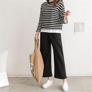 Set: Layered-hem Stripe T-shirt + Wide-leg Pants