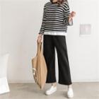 Set: Layered-hem Stripe T-shirt + Wide-leg Pants