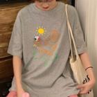 Elbow-sleeve Dog Print T-shirt / Drawstring Waist Wide-leg Pants