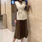 Set: Mock-neck Long-sleeve Top+ Midi Accordion Pleat Skirt + Vest