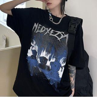 Short-sleeve Round-neck Bear Print Top