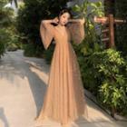Glitter Bell-sleeve Maxi A-line Mesh Dress