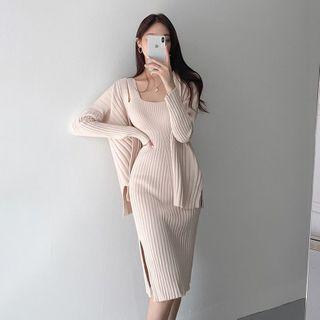 Plain Cardigan / Sleeveless Knit Sheath Dress