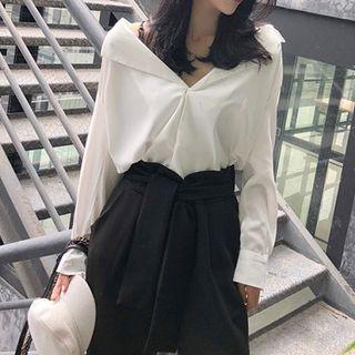 Plain V-neck Long-sleeve Blouse / High-waist Pants