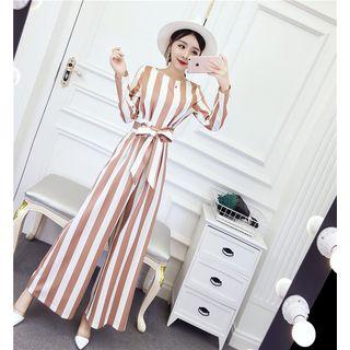 Striped Long-sleeve Wide-leg Jumpsuit