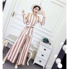 Striped Long-sleeve Wide-leg Jumpsuit