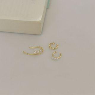 Faux Pearl / Alloy Cuff Earring Set - Gold - One Size