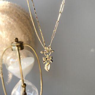 Bow Heart Rhinestone Pendant Sterling Silver Necklace L303 - Gold - One Size