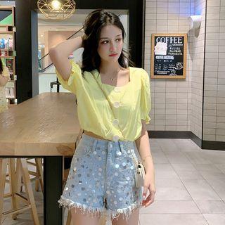 Short-sleeve Square Neck Blouse / Sequin Denim Shorts