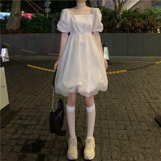 Square-neck Puff-sleeve Short-sleeve Mesh Dress