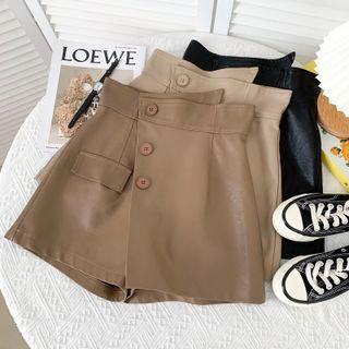 Asymmetrical Faux-leather Wide-leg Shorts