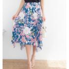 Plus Size Asymmetric-hem Accordion-pleat Floral Long Skirt