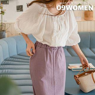 Plus Size Tie-neck Balloon-sleeve Blouse