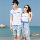 Couple Matching Lettering T-shirt / Striped Short-sleeve Dress