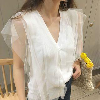 V-neck Mesh Panel Sleeveless Knit Top