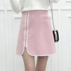 Slit-front Woolen Midi Skirt