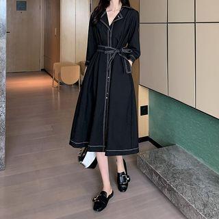Contrast Stitching Tie-waist Midi A-line Dress