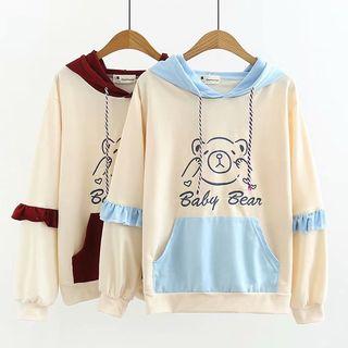 Ruffle Trim Bear Printed Color Block Hoodie