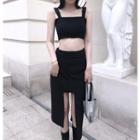 Buckled Strap Cropped Top / Asymmetric Slit Midi Skirt