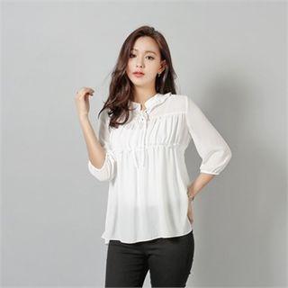 Tie-front Elbow Sleeve Shirred Blouse