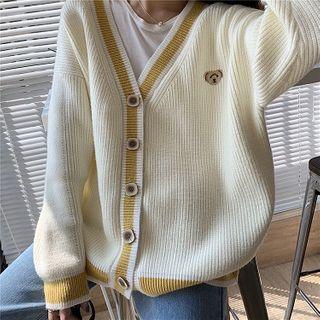 Bear Embroidery V-neck Cardigan Off White - One Size