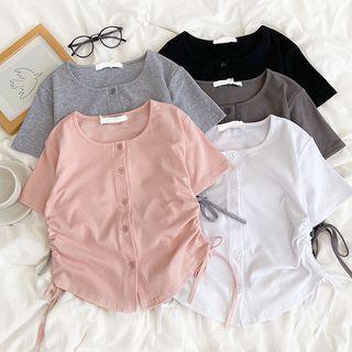 Short-sleeve Plain Drawstring Cropped Top