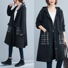 Plaid Panel Button-up Hooded Long Coat Black - One Size