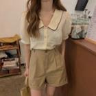 Short-sleeve Button-up Blouse Almond - One Size