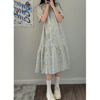 Short-sleeve Floral Print Midi Dress Blue & Yellow Floral - White - One Size