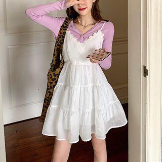Plain Cardigan / Spaghetti Strap Lace Trim Mini Dress