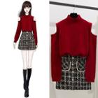Cable-knit Cold Shoulder Sweater / Plaid Mini A-line Skirt / Set