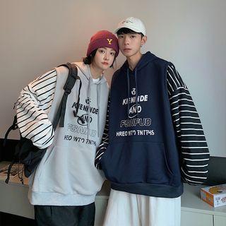 Mock Two-piece Striped Lettering Print Hoodie