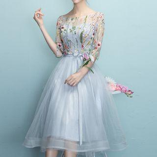 Flower Embroidered Elbow Sleeve Evening Gown