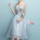 Flower Embroidered Elbow Sleeve Evening Gown