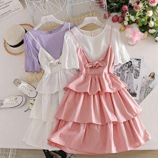 Set : Puff-sleeved Top + Bow Vest Dress