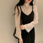 Mock-turtleneck Bell-sleeve Lace Top / Pleated Midi Pinafore Dress